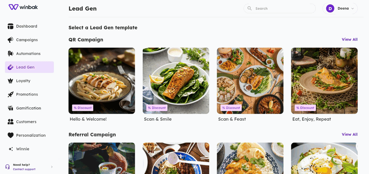 winbak Lead Gen — QR campaign templates for collecting walk-in customer details