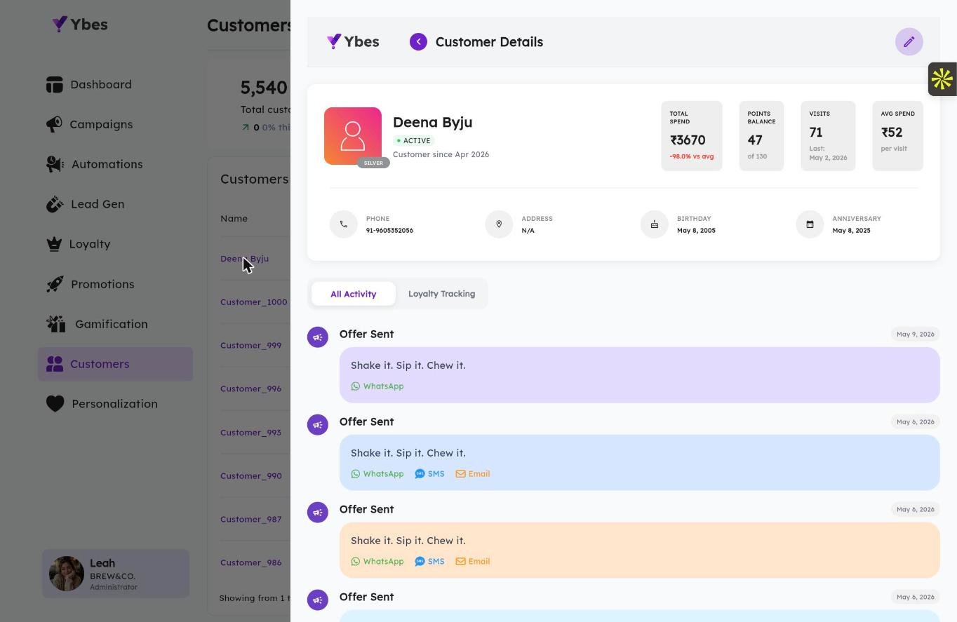 winbak customer view — offers delivered across WhatsApp, SMS, and Email