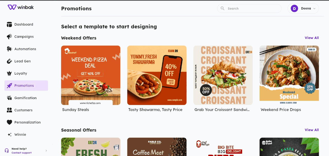 winbak Promotions — pre-designed campaign templates for new menus, festivals, and offers